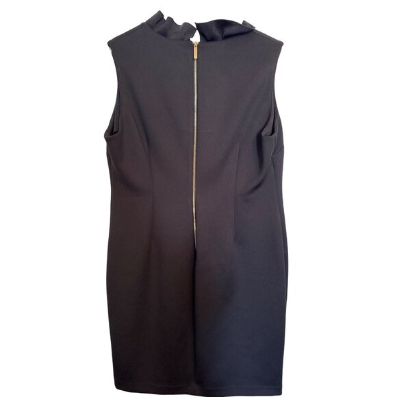 Calvin Klein Sheath Dress Gold Zip Back 16 Black Sleeveless Scuba Ruffle Neck - Picture 2 of 8